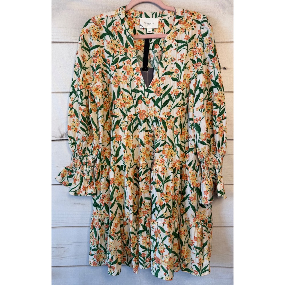 Pomander Place Floral Tiered V-Neck Mini Dress Orange Yellow Green Size M NWT